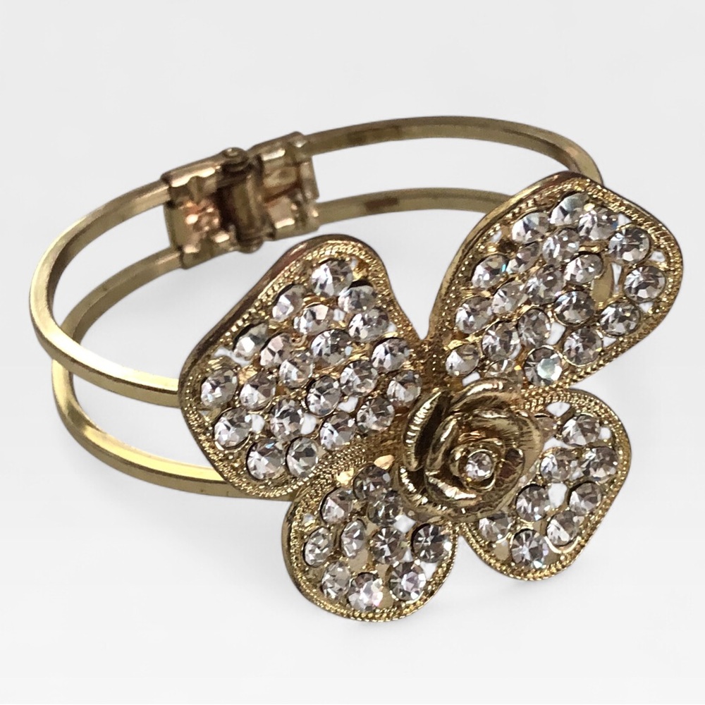 Vintage Marlyn Schiff Rhinestone Floral Clamper Bracelet